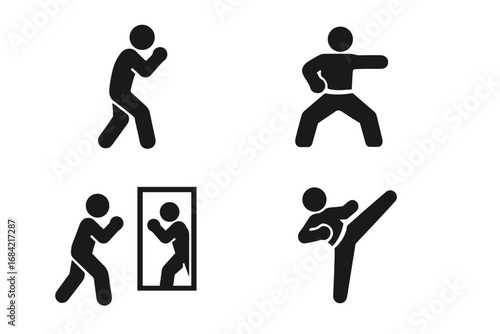 Martial arts icon set. Solid filled pictograms for solo practice, shadowboxing, kata stance, mirror training, and kick. Vector illustration for combat sports and self-defense.