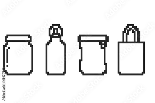 Pixel art reusable containers icon set. Zero waste lifestyle concept with glass jar, steel bottle, silicone pouch, cloth bag. Eco friendly vector graphic for sustainability.