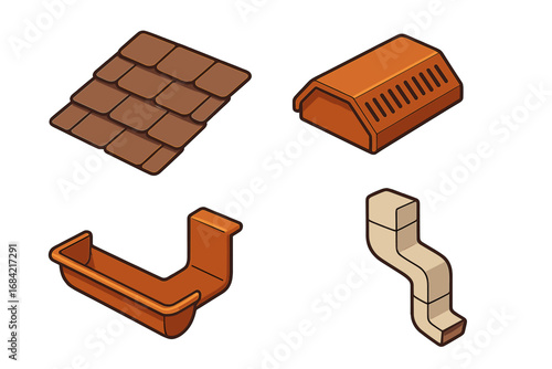 Isometric Flat Roofing Icon Set, Asphalt Shingle Pattern, Roof Ridge Vent, Gutter, Downspout, Vector Cartoon Illustration for Building and Architecture