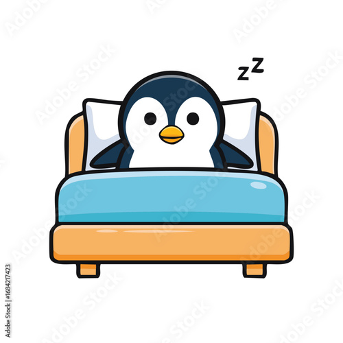 A cute penguin sleeping comfortably in a cozy bed, exuding a sense of tranquility and rest