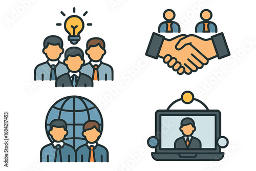 Business collaboration icon set representing teamwork, partnership, and global connectivity. Vector concepts for brainstorming, handshake agreement, online meetings, and remote work.