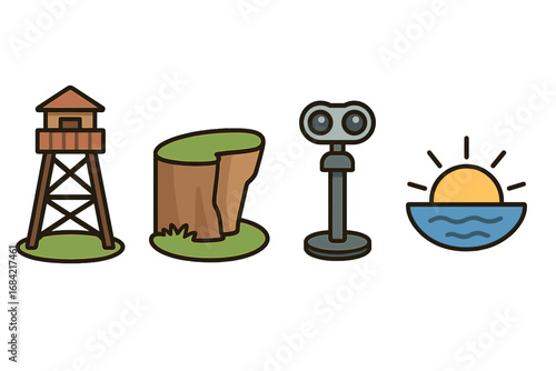 Scenic Viewpoints Icons Vector Set, Flat Design of Lookout Tower, Cliff Edge, Vista Binoculars, Sunset Over Water, Cartoon Illustration for Travel and Nature Exploration