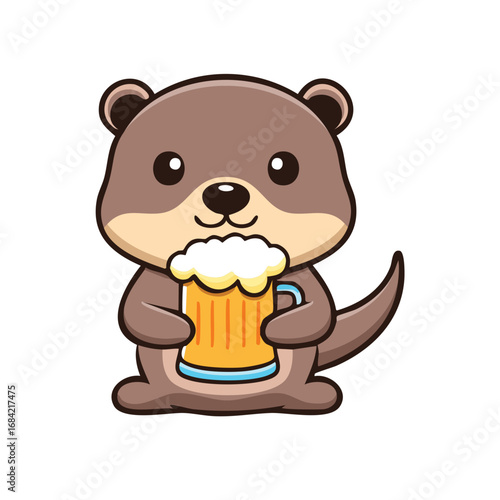 A cute otter enjoying a mug of beer, a fun cartoon style character design. The otter is holding a frothy glass of beer and looking at you