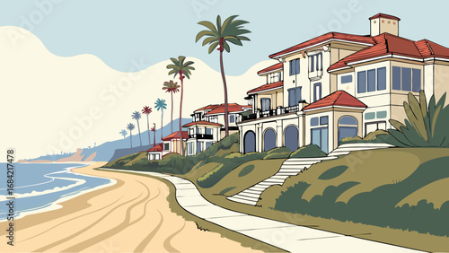 Coastal Houses Beachfront Property Ocean View Palm Trees Summer Vacation Illustration.