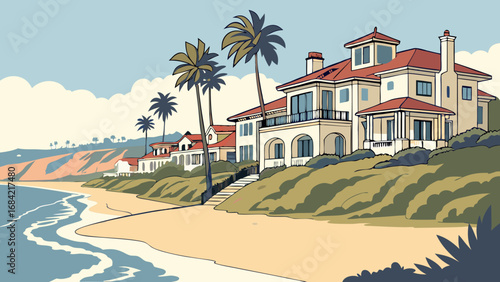 Coastal Houses Beachfront Property Ocean View Summer Vacation Tropical Paradise Idyllic Scene Artistic Illustration Seaside Homes Palm Trees Sandy Beach Summertime Relaxing Vacation Luxury Real Estat.