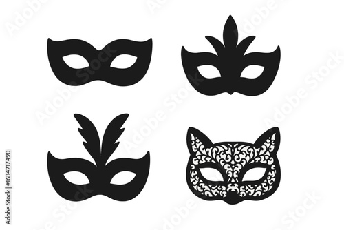 Masquerade mask icon set. Solid black silhouette collection of four Venetian carnival masks for a party or ball. Includes feather, half-face, and lace cat animal mask designs.
