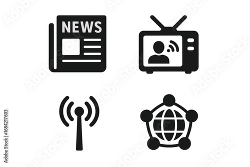 Mass communication icon set. Solid glyph icons for news media, journalism, and broadcasting. Vector symbols of newspaper, TV broadcast, radio antenna, and global network connection.