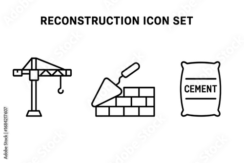 Construction icon set. Outline icons for reconstruction, rebuilding efforts. Vector symbols of crane, bricklaying, trowel, brick wall, cement bag. Build, repair, development.