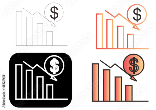 A collection of financial crisis icons showing a descending bar chart and dollar sign, symbolizing economic recession, declining income, and inflation