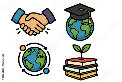 Global education and business partnership icon set. Vector symbols of collaboration, academic growth, knowledge and international teamwork. Handshake, globe and books illustration.