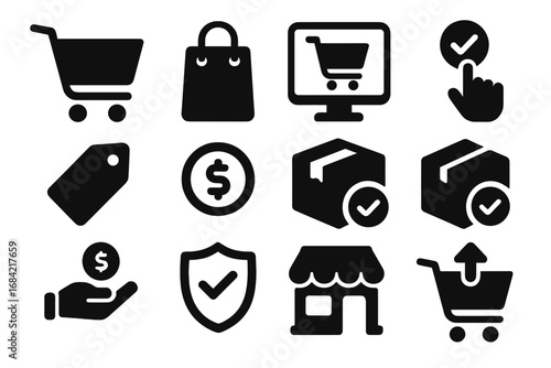Shopping and e-commerce solid icon set with cart, purchase, retail, online shopping, package delivery, payment, and store vector cartoon illustrations, transparent background, ordered collection