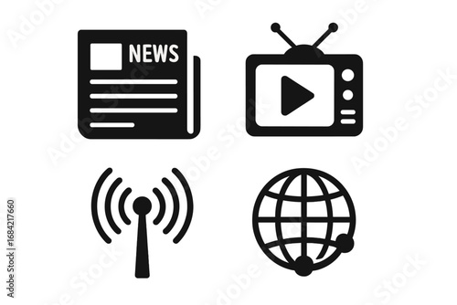 Mass communication solid glyph icon set. Media symbols collection with newspaper, television, radio antenna, and global network. Vector illustration for press, journalism, web.