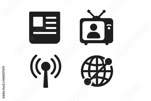 Mass communication glyph icons set. Media concept symbols. Newspaper, TV broadcast, radio signal, global network. Vector solid pictogram for web, press, and journalism.