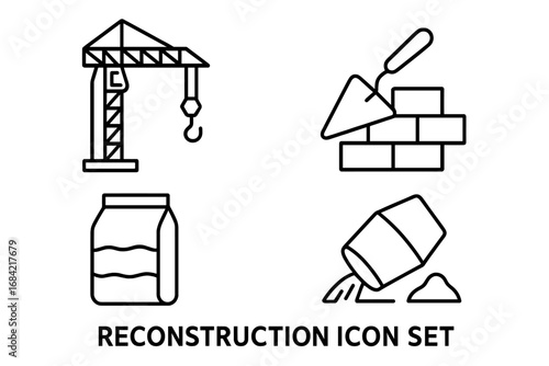 Construction icon set line art. Vector icons for rebuilding and reconstruction. Building industry symbols. Crane, bricklaying, trowel, cement bag, concrete mixer outline.