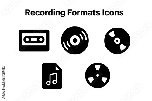 Music recording formats icon set. Solid glyphs of cassette tape, vinyl record, CD, digital file, reel-to-reel. Analog and digital media evolution. Vector pictogram collection.