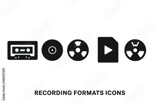 Recording formats vector icon set. Solid glyph pictograms of audio media evolution. Includes cassette tape, vinyl record, CD, digital file, reel-to-reel. Simple flat symbols.