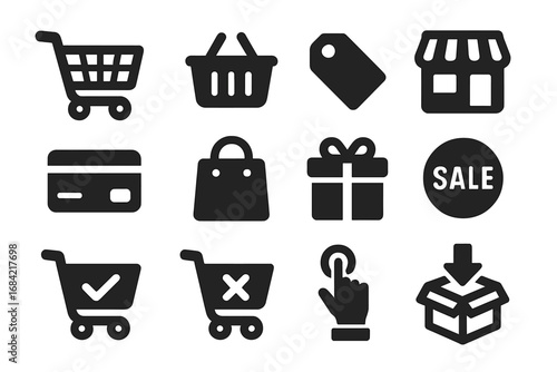Shopping and e-commerce solid icon set, retail and purchase symbols collection, vector cartoon illustration with transparent background, cart and sale icons, online shopping design