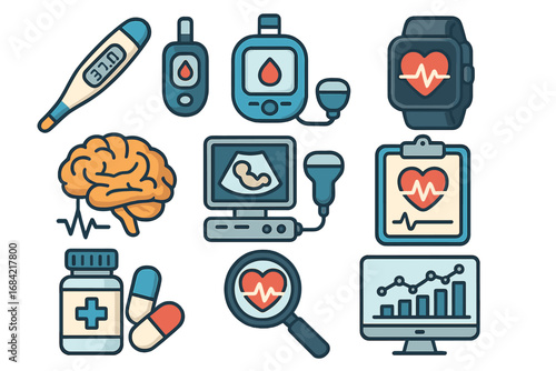 Health and science icon set. Medical vector collection for diagnostics. Thermometer, glucometer, ultrasound, EKG, brain EEG, smartwatch. Cardiology, neurology, analysis.