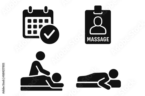 Massage therapy solid icon set. Spa treatment, relaxation and wellness concept. Vector glyph pictograms of appointment calendar, therapist badge, client on table and masseur.