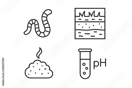 Soil health and agriculture line icon set. Vector outline icons of earthworm, soil horizon profile, organic matter compost, and pH test for farming and gardening concepts.