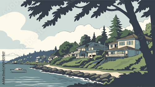 Coastal Houses Boats and Trees A Serene Seaside Illustration.