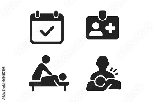 Massage therapy solid glyph icons. Spa treatment, physiotherapy, back and shoulder pain relief. Masseur, client, appointment calendar and therapist badge vector pictograms set.