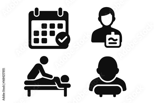 Massage therapy solid glyph icon set. Spa and wellness concepts. Includes appointment calendar, certified therapist, and client receiving treatment on a massage table. Vector.