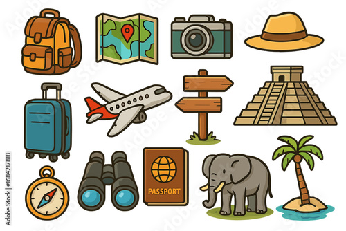 Travel adventure icon set. Vector cartoon graphics for tourism, vacation, and exploration. Includes backpack, map, camera, passport, airplane, safari elephant, pyramid, compass.