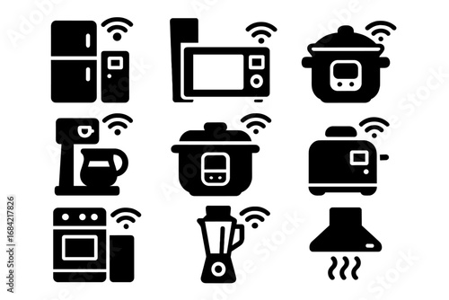 Smart Home Appliance Solid Icon Set for Innovative Connected Kitchen Devices, Vector Cartoon Illustration, Modern Wireless Household Technology Icons with Transparent Background, Ordered Set