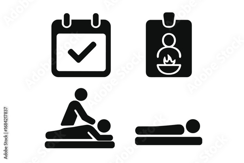 Massage therapy and spa treatment icon set. Solid glyph pictograms for wellness business. Includes appointment calendar, therapist badge, client on table. Vector illustration.