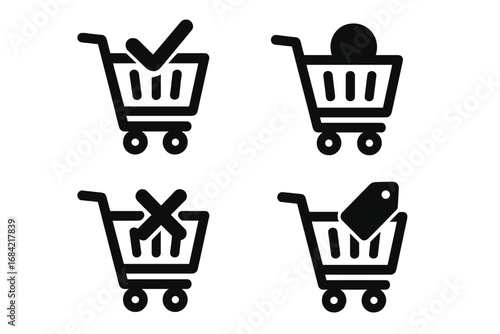Shopping cart filled icon set, e-commerce and retail online shopping symbols collection, vector cartoon illustration with transparent background, grocery basket icons for digital use