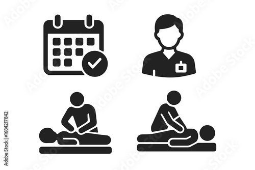 Massage therapy icon set. Solid glyph pictograms for spa, wellness and relaxation. Includes appointment calendar, therapist and client treatment symbols. Body care vector.