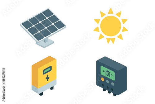 Solar energy icons set in an isometric flat design style. Photovoltaic panel, sun, inverter, and charge controller. Renewable green power concept. Vector illustration for ecology.
