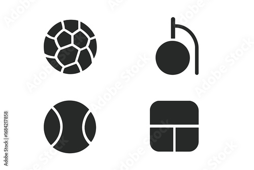 Recreational sports balls solid glyph icon set. Playground games equipment vector symbols. Includes handball, kickball, tetherball, four square, and tennis ball icons.