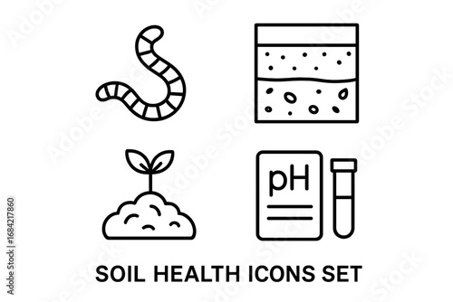 Soil health line icon set. Agriculture and gardening vector symbols. Earthworm, soil horizon profile, organic matter, compost, plant sprout, pH test analysis concept illustration.