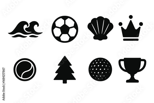 Sports and Nature Silhouette Icon Set, Sea Waves, Soccer Ball, Shell, Crown, Tennis Ball, Pine Tree, Golf Ball and Trophy Vector Cartoon Illustration on Transparent Background, Ordered Set 2