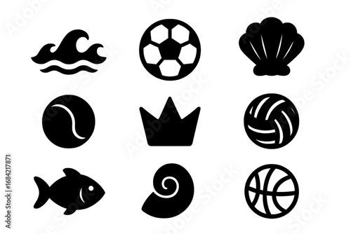 Sports and Nature Silhouette Icon Set with Sea Waves, Soccer Ball, Shell, Tennis Ball, Crown, Volleyball, Fish, Nautilus Shell, Basketball - Vector Cartoon Illustration, Transparent Background