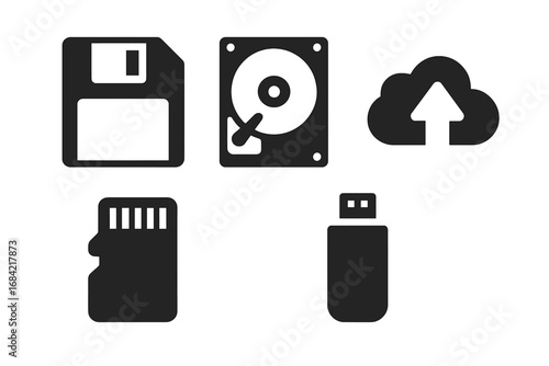 Data storage solid icon set. Vector glyphs of floppy disk, hard drive, cloud upload, memory card, and USB stick. Digital information backup and technology concept symbols.