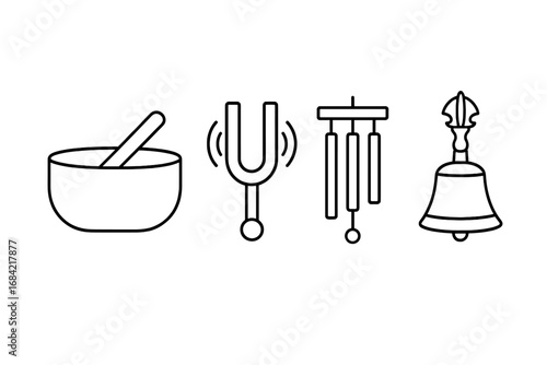 Sound healing therapy vector icon set. Outline symbols of a singing bowl, tuning fork, chimes, and bell for meditation, relaxation, spiritual retreat, and wellness concepts.