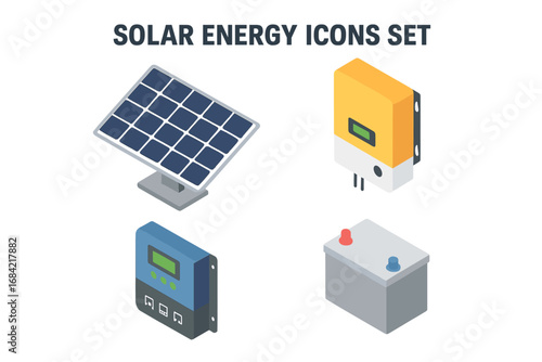 Solar energy system components isometric icons set. Photovoltaic panel, battery storage, power inverter, charge controller. Renewable green energy concept vector illustration.