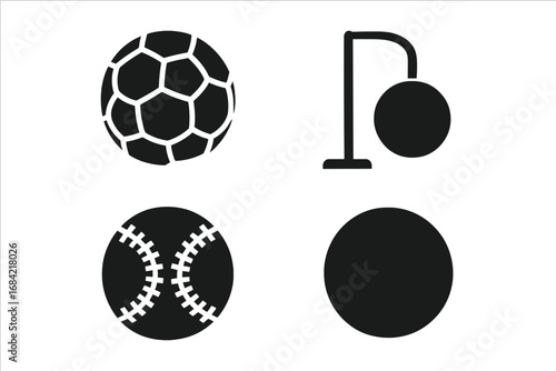 Sports balls vector icon set. Solid glyph collection of recreational game equipment. Includes handball, tetherball, kickball, four square, and soccer ball symbols for design.