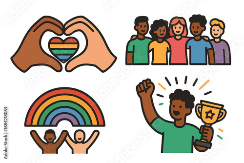Diversity and inclusivity icon set. LGBTQ pride celebration with rainbow heart. Community, friendship, and teamwork. Accomplishment, success, and empowerment vector icons.