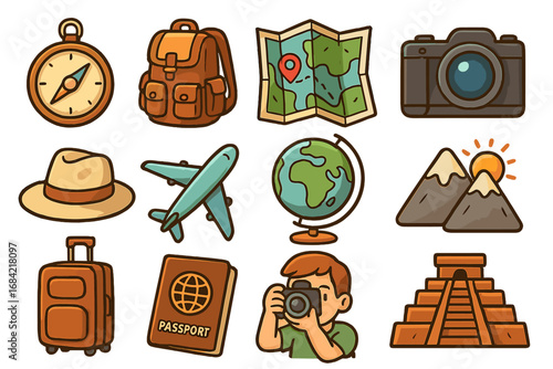 Set of travel and adventure icons. Vector cartoon illustration for tourism and exploration. Includes camera, map, passport, globe, backpack, pyramid for a world vacation.