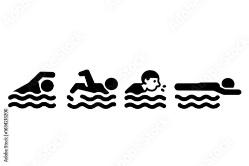 Swimming Technique Icons Set, Solid Filled Vector Symbols of Arm Pull, Leg Kick, Breathing, and Body Position for Swimming Instruction and Water Sports