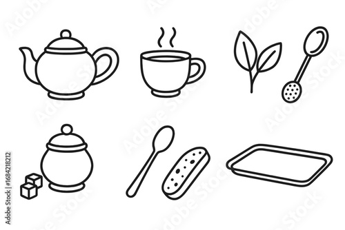 Tea Time Icons Outline Vector Set Including Teapot, Teacup, Tea Leaves, Infuser, Sugar Bowl, Teaspoon, Biscotti, Tray, Cartoon Style Illustration for Beverage Rituals and Tea Culture