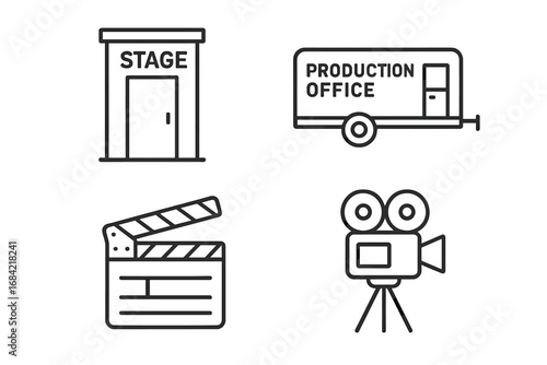 Movie making outline icon set. Film production vector symbols. Studio stage, production office trailer, video camera, and clapperboard icons for cinema industry. Simple line art.