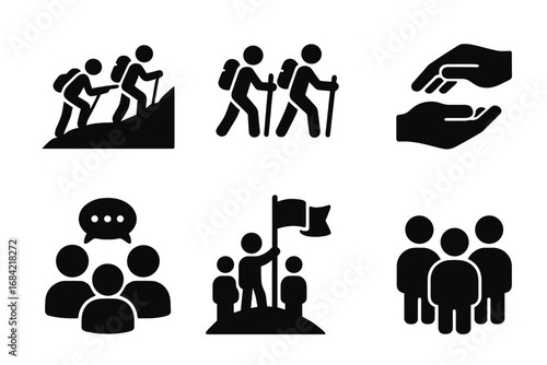 Wallpaper Mural Teamwork and Collaboration Icon Set, Solid Filled Vector Symbols of Group Hiking, Climbing Rope Support, Hand Assistance, Communication, Leadership Flag, and Group Unity Torontodigital.ca