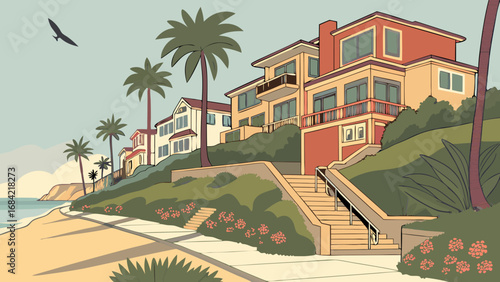 Coastal Houses Ocean View Palm Trees Summer Vacation Illustration Beachfront Property Seaside Homes Tropical Landscape Vacation Home Dream House Idyllic Scene Summer Paradise Coastal Living Beachside.