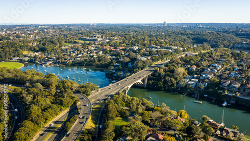 Panoramic view of western sydney and Gladesville Bridge over the Parramatta River.