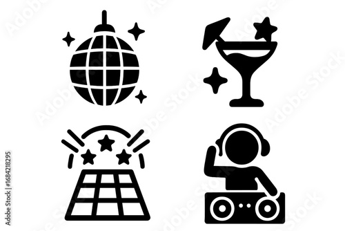 McBling party icon set. Y2K 2000s disco nightlife vector symbols. Solid glyph collection with disco ball, cocktail, dance floor, DJ. Retro celebration entertainment silhouettes.